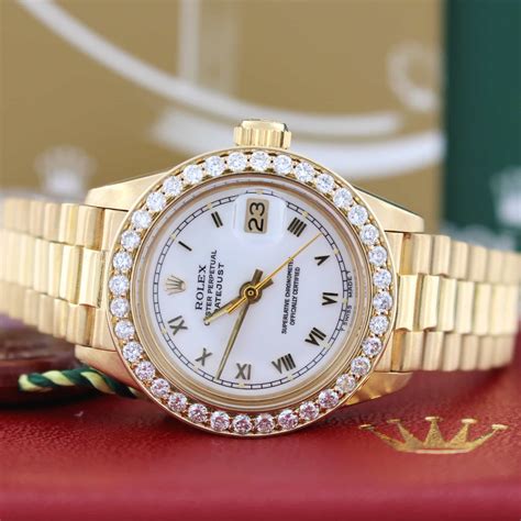 rolex president datejust 18ct gold watch|18k presidential Rolex diamond bezel.